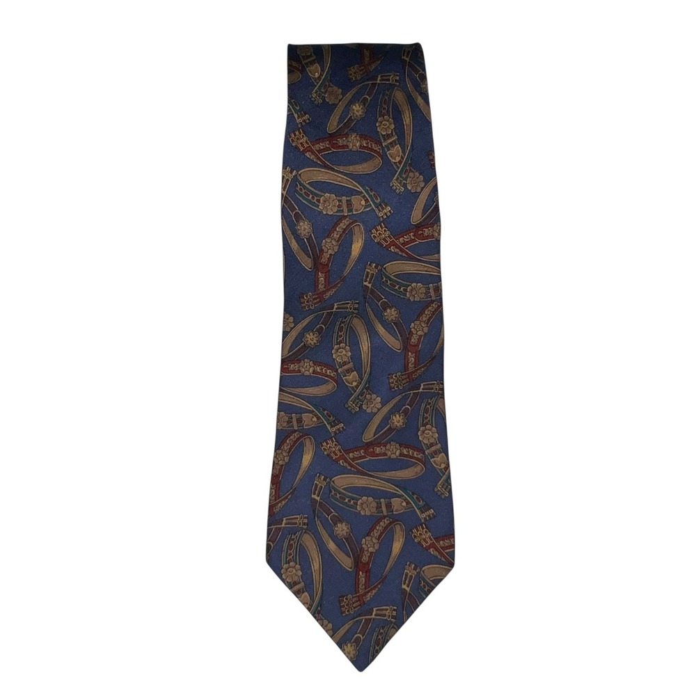 New‎ Vintage Salvatore Ferragamo Silk Tie Blue Equestrian / Belt Motif  Italy